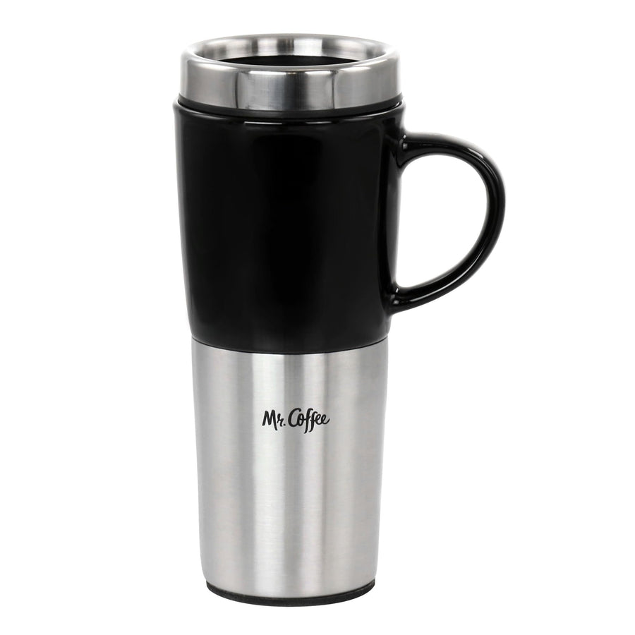 Mr. Coffee Stoneware Travel Mug with Stainless Steel Base and Slide Sip Lid, 16 Oz, Black, Travertine