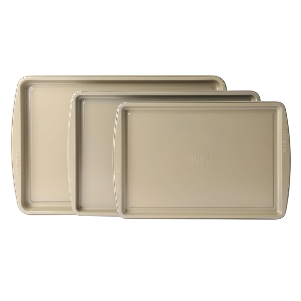 Gibson Home Lyneham 3-Piece Carbon Steel Nonstick Cookie Sheet Set – Champagne Gold, Warp-Resistant, Oven Safe to 410 Degrees