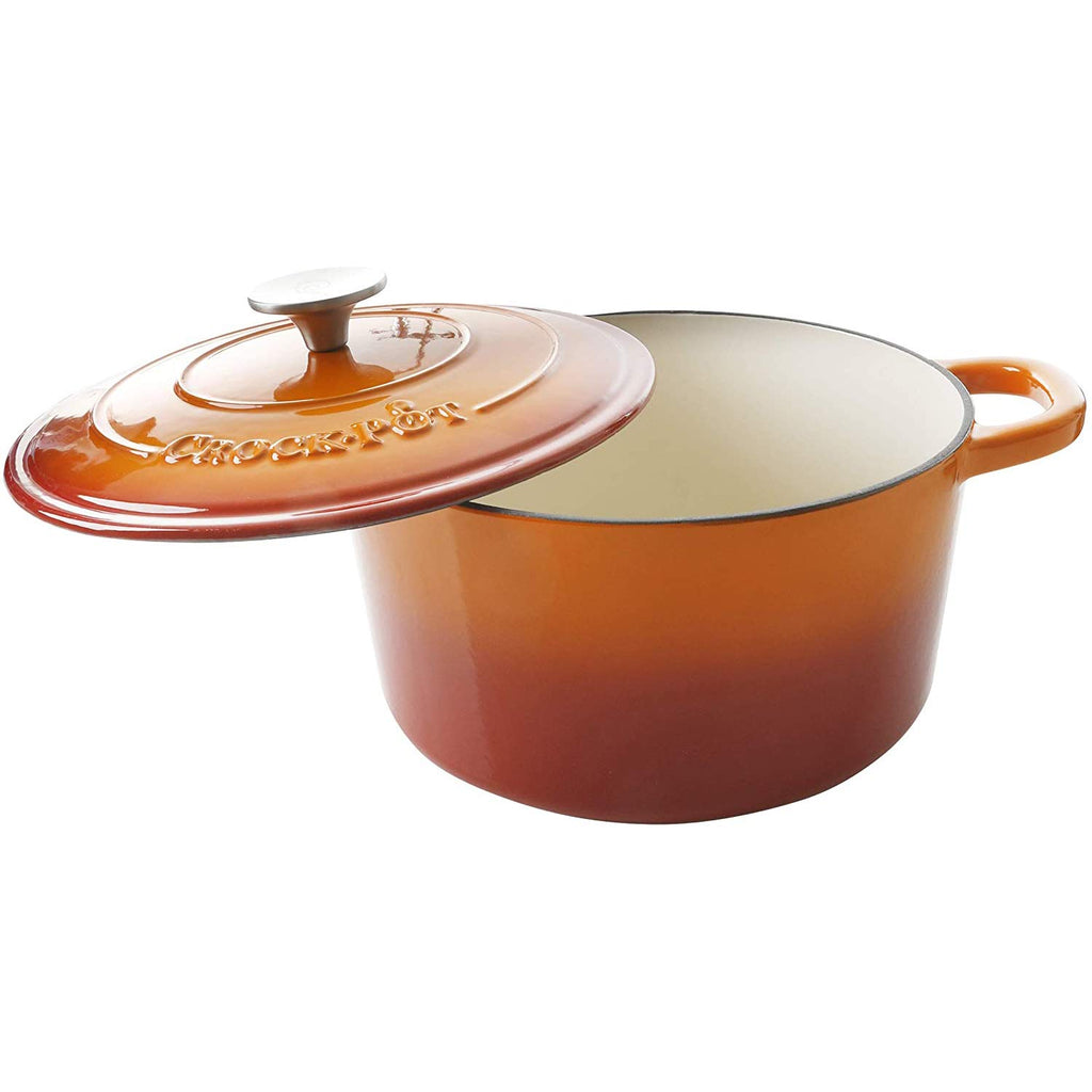 Crock-Pot Artisan 5-Quart Round Enameled Cast Iron Dutch Oven – Sunset Orange, Oven Safe to 500°F, Self-Basting Lid, Induction Compatible