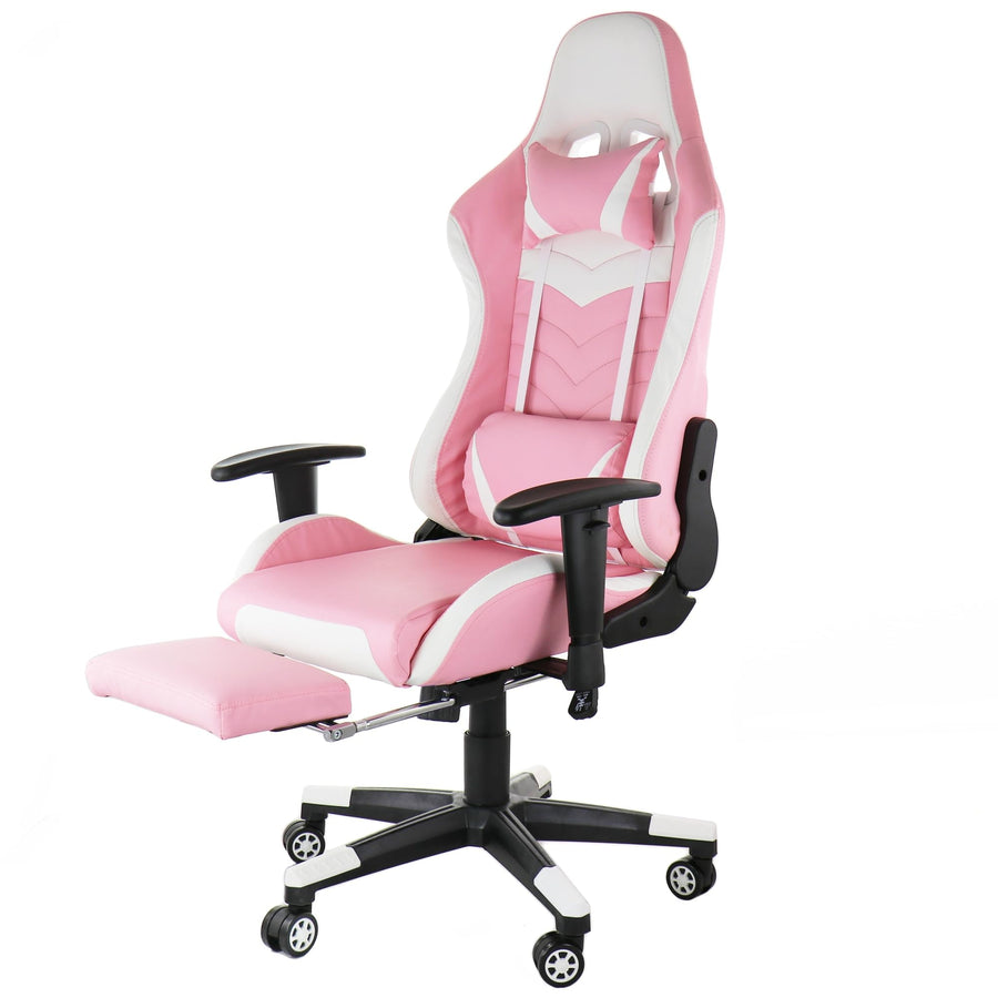 GameFitz pink and white gaming chair reclined with the slide-out footrest extended, side three-quarter view