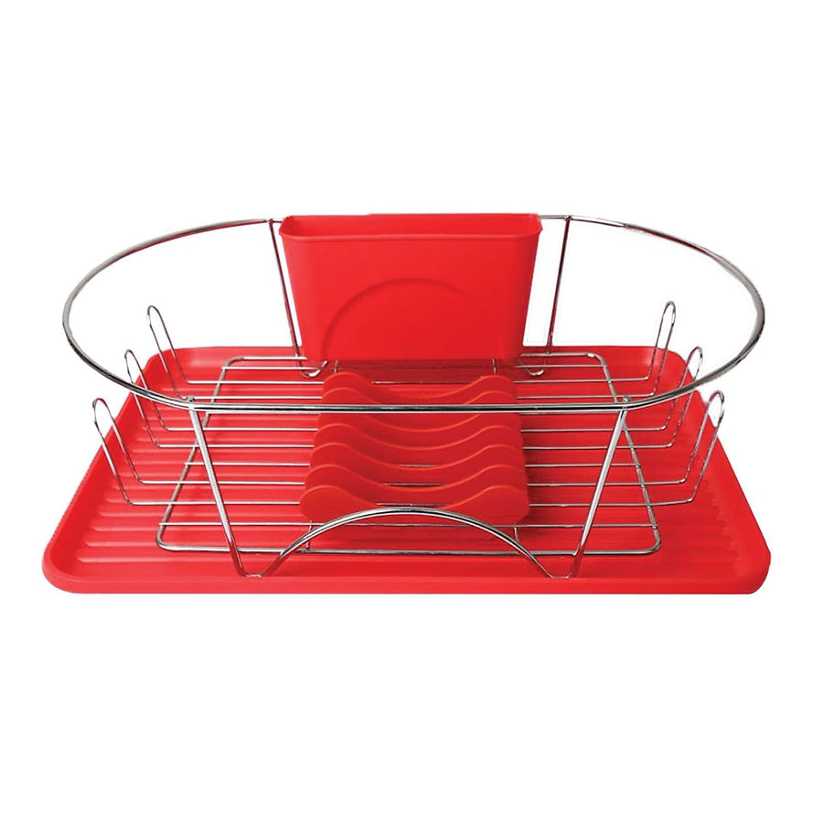 Mega Chef Dish Rack with Detachable Utensil Holder & 6 Plate Positioners, Red & Silver