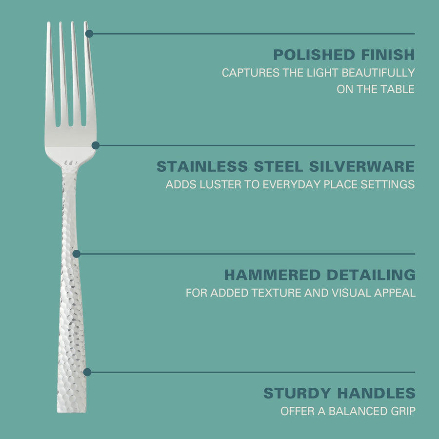 Gibson Home Hammered Stainless Steel Flatware Set, 20-Piece Service for 4, Mirror Polished, Royal Brighton