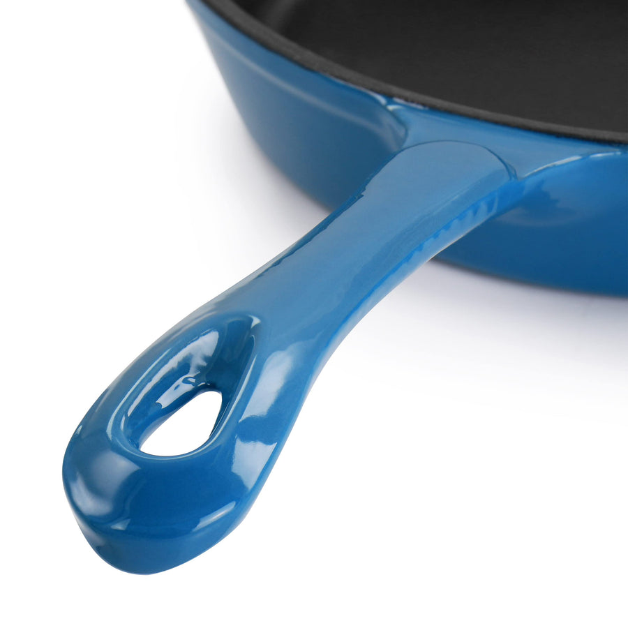 MegaChef MCCE-8TUR 8 in Cast Iron Frying Pan, Turquoise Enameled Exterior, Pre-Seasoned Interior, Dual Pour Spouts, Oven Safe to 500°F