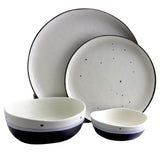 Gibson Elite Rhinebeck 16-piece speckled white reactive glaze stoneware dinnerware set with charcoal rims, plates and double bowls stacked