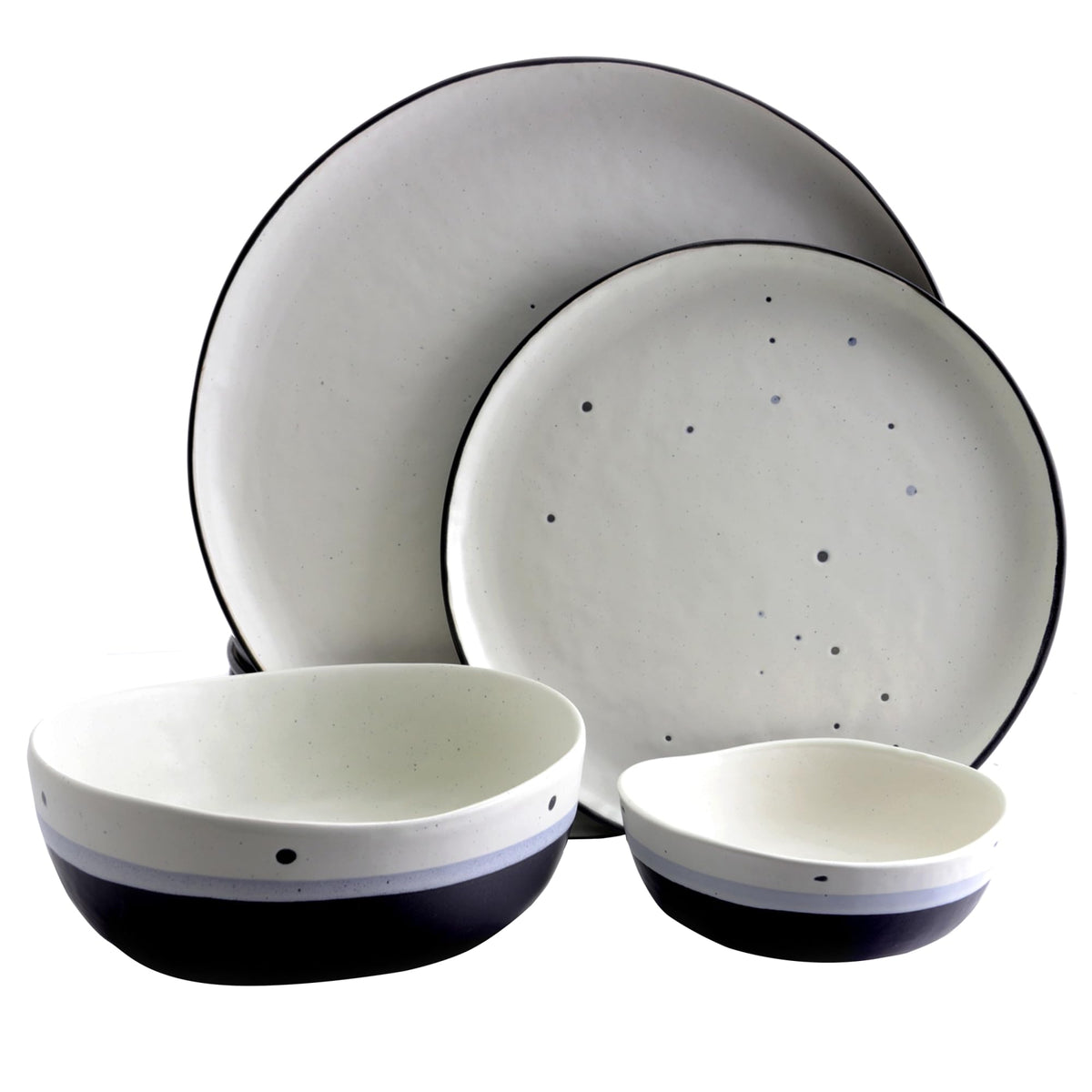 Gibson Elite Rhinebeck 16-piece speckled white reactive glaze stoneware dinnerware set with charcoal rims, plates and double bowls stacked