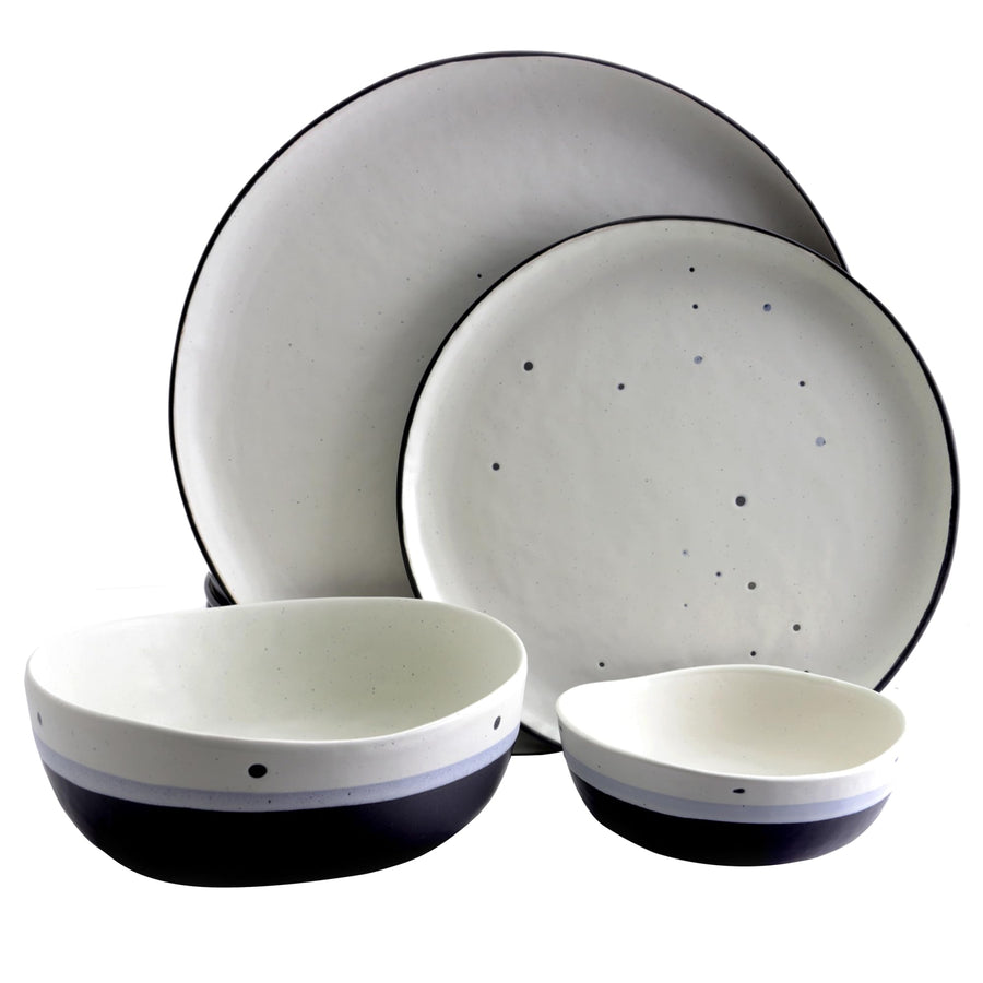 Gibson Elite Rhinebeck 16-piece speckled white reactive glaze stoneware dinnerware set with charcoal rims, plates and double bowls stacked