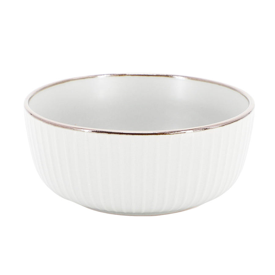 Elama Leo 6 inch white stoneware cereal bowl, side view of the vertical lined texture and bronze-tone rim