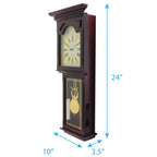Bedford Clock Collection Redwood Chiming Pendulum Wall Clock – Walnut Brown Finish, Quartz Movement with Swinging Pendulum & 4 Chime Modes