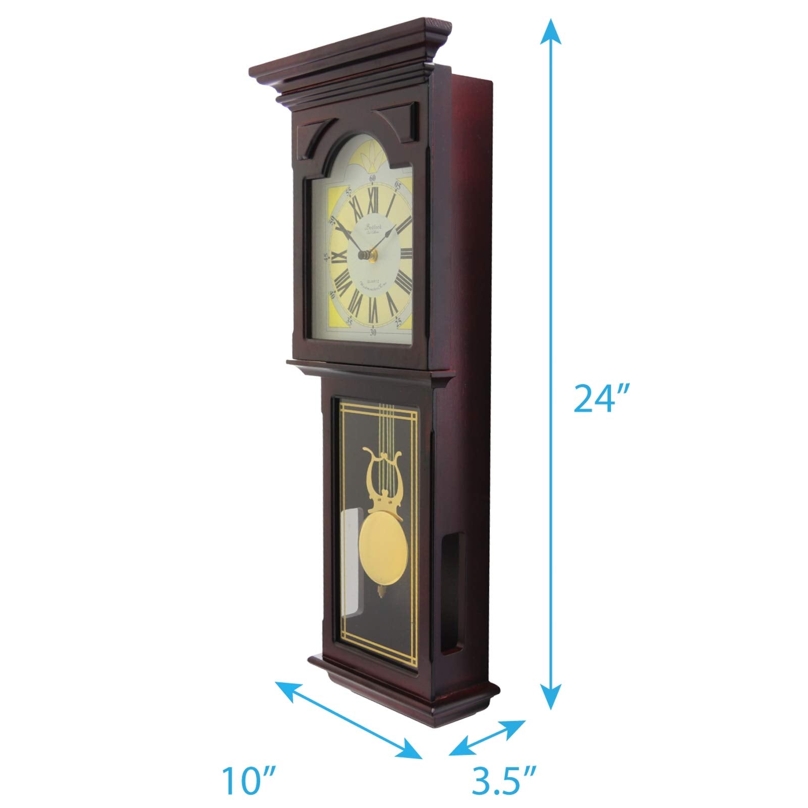 Bedford Clock Collection Redwood Chiming Pendulum Wall Clock – Walnut Brown Finish, Quartz Movement with Swinging Pendulum & 4 Chime Modes
