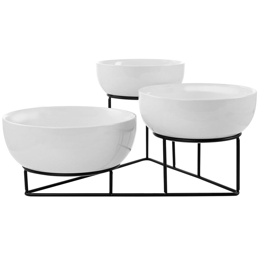 Gibson Elite 4-Piece Stoneware Serving Bowl Set with Tiered Metal Rack, White and Black, 6, 7 and 8 in Bowls, Dishwasher and Microwave Safe Bowls