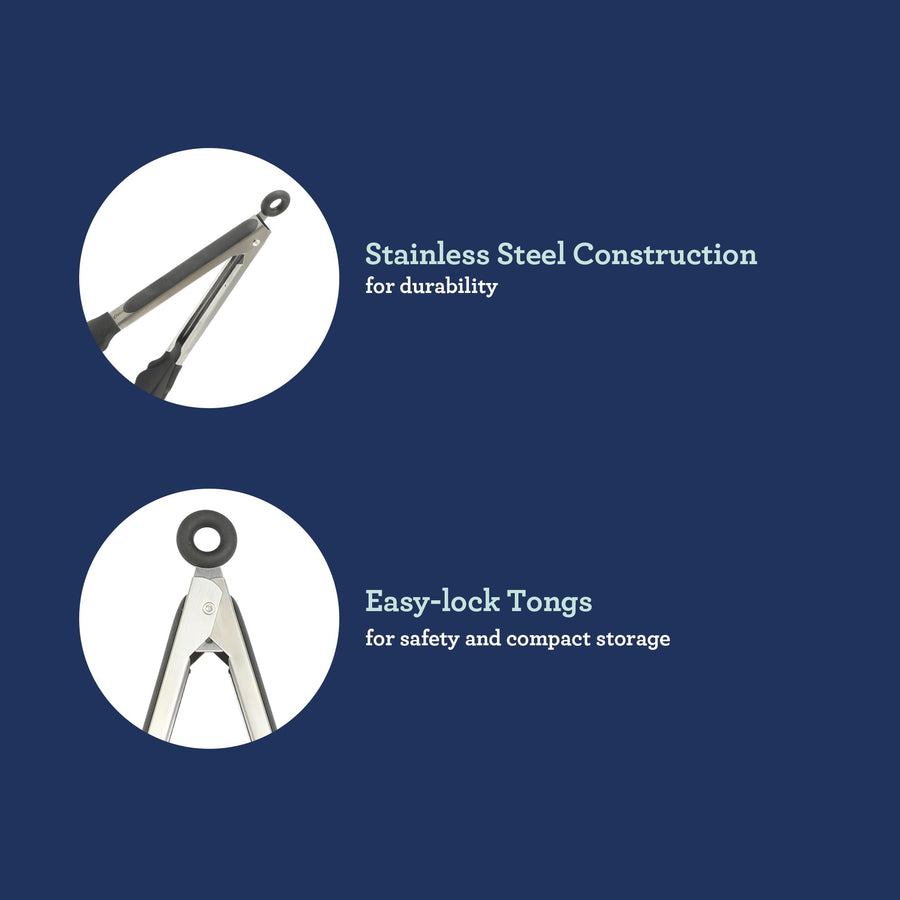 Oster tongs features: stainless steel construction and easy-lock pull ring