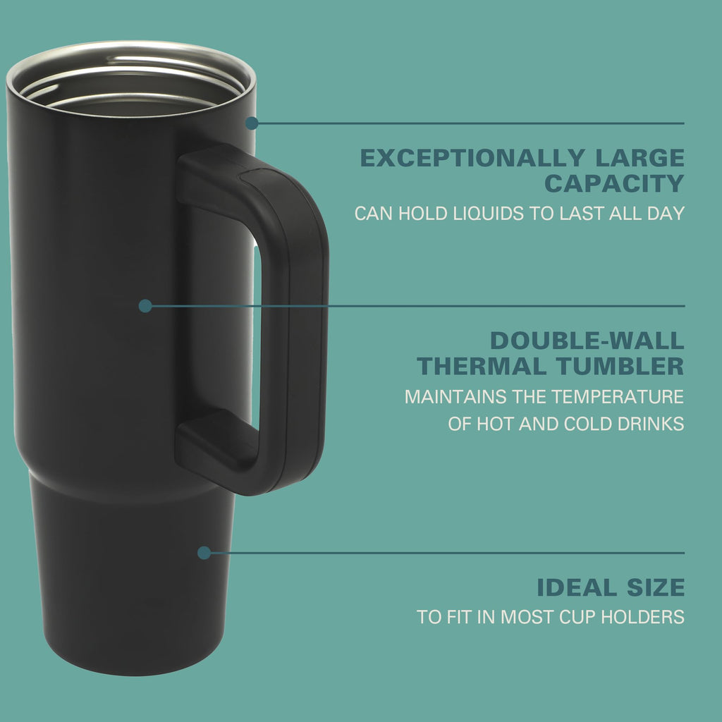 Gibson Home Marina 29 oz Stainless Steel Insulated Tumbler – Black with Side Handle & Straw, Keeps Cold 12 Hours