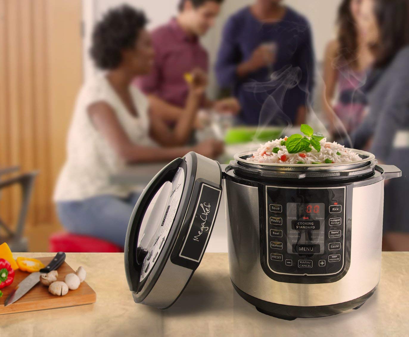 MegaChef 6-Quart Digital Pressure Cooker & Electric Multi-Cooker, 14 Presets, Stainless Steel Pot, Silver