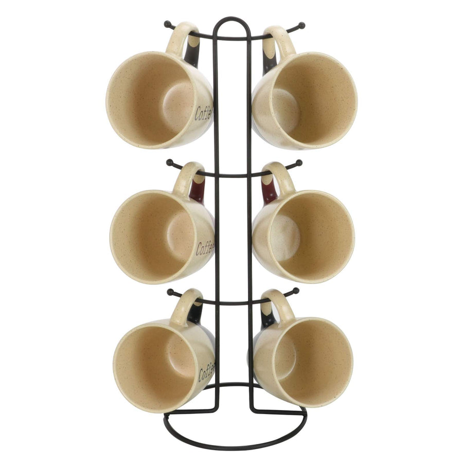 Elama Coffee House 6 Piece 12 oz Stoneware Mug Set with Stand, Assorted Colors
