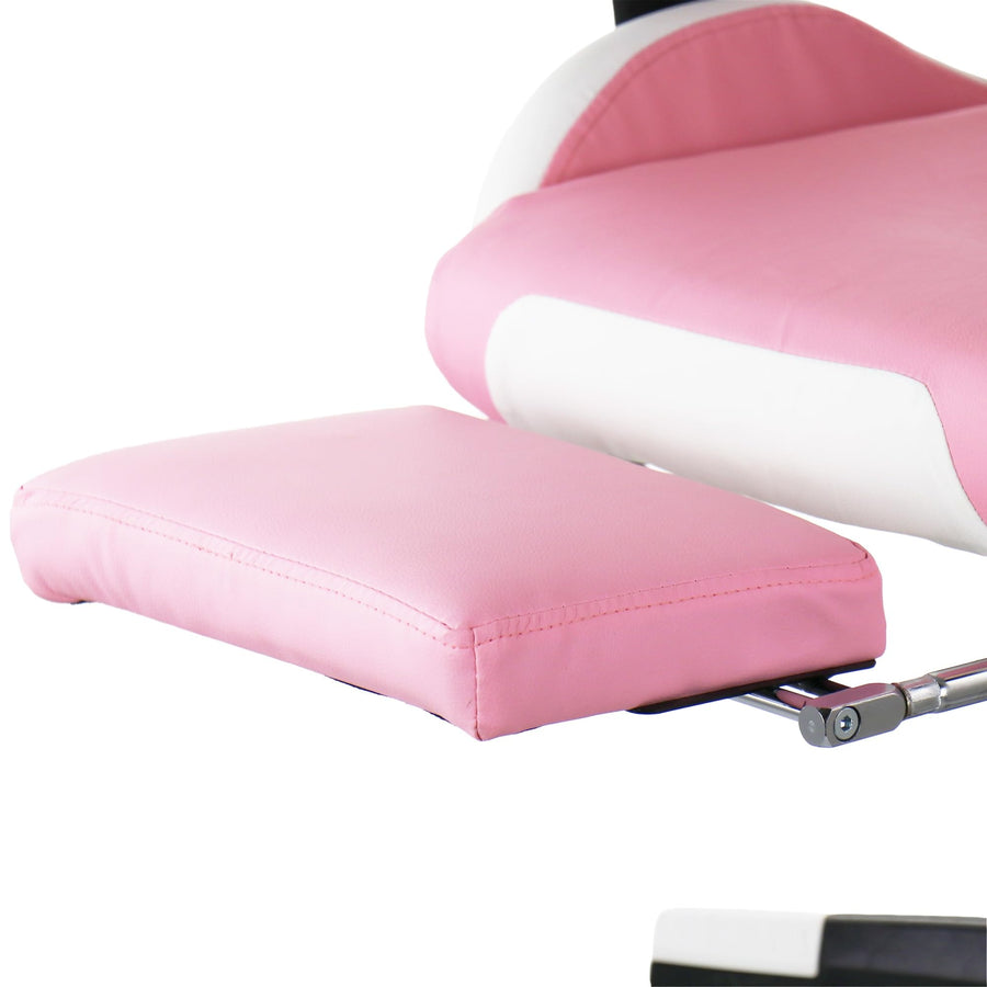 GameFitz pink and white gaming chair footrest close-up, padded faux leather leg rest pulled out on its metal slide bar