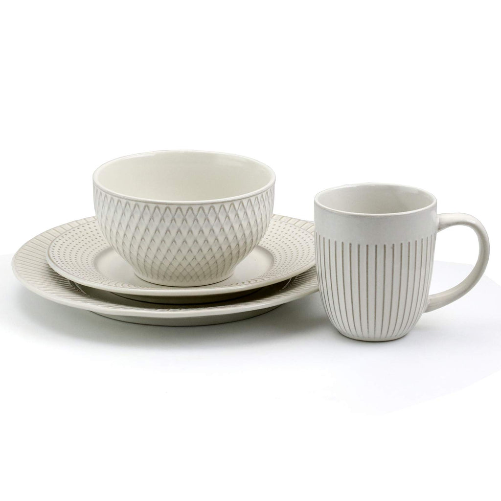 Elama Market Finds 16-Piece Round Stoneware Dinnerware Set – Embossed White Service for 4