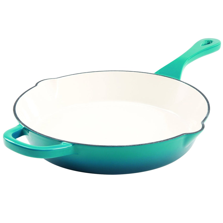 Crock-Pot Artisan 12 inch enameled cast iron skillet in teal ombre with pour spouts and helper handle