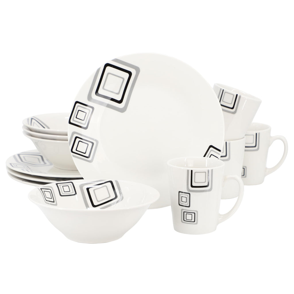 Gibson Home Black Squares 12-Piece Round Fine Ceramic Dinnerware Set – White with Modern Black Geometric Accents (Service for 4)