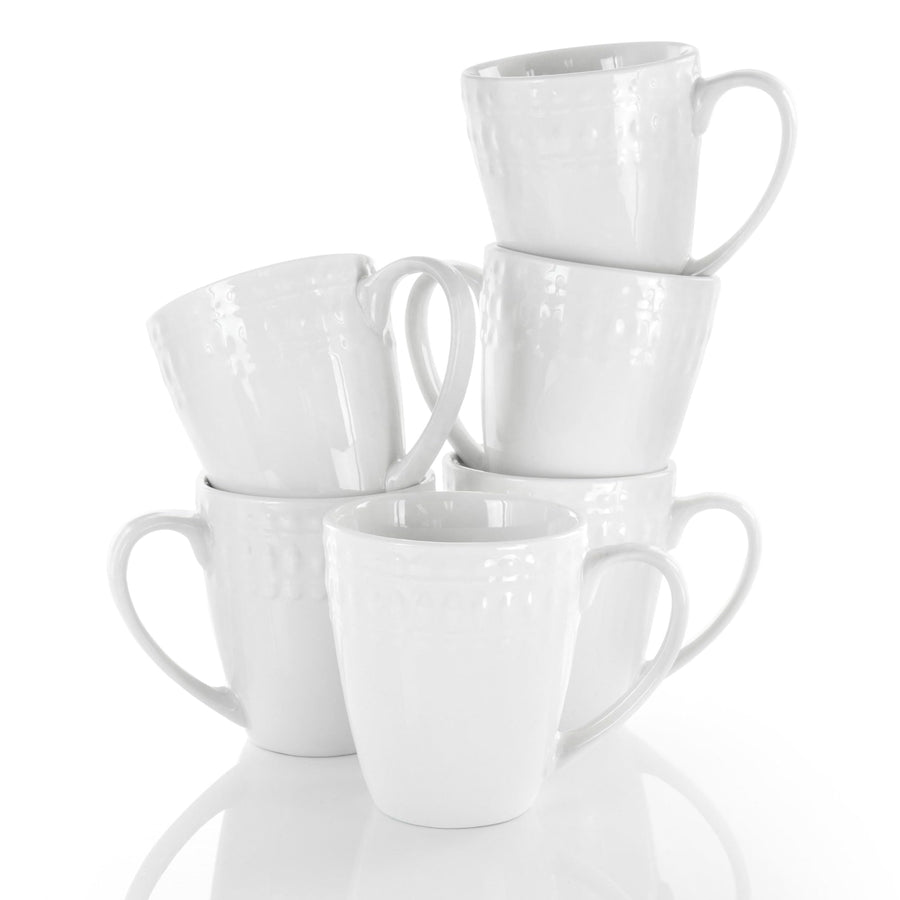 Elama Cara 6-Piece 10 oz Porcelain Cup Set, White, Dimpled Texture Band, Dishwasher and Microwave Safe