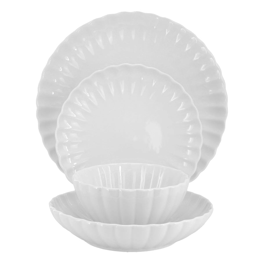 Elama Jane white porcelain place setting: dinner plate, salad plate, soup bowl and cereal bowl with scalloped edges