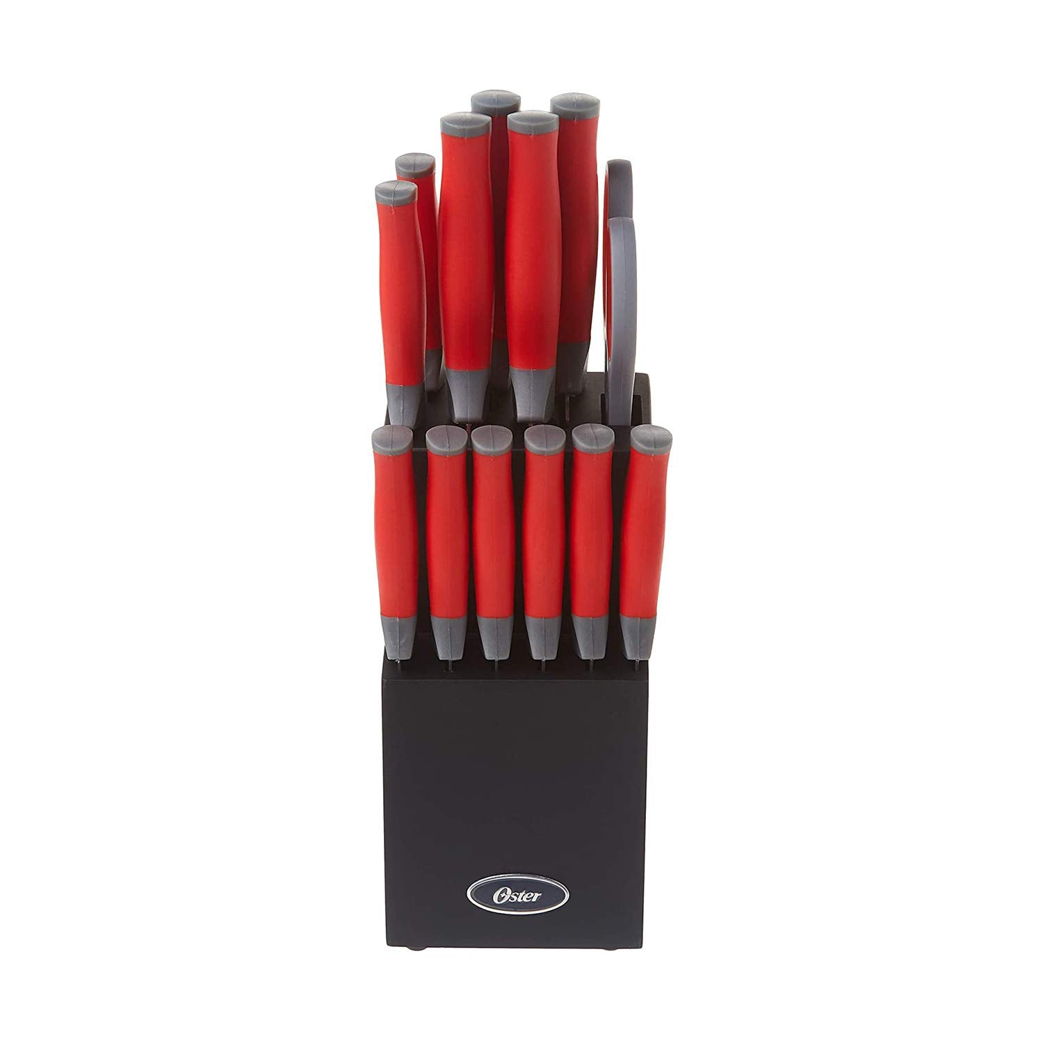 Oster Lindbergh 14-Piece Cutlery Set – Red Soft-Grip Handle Stainless Steel Knife Block Set with Sharpener & Shears