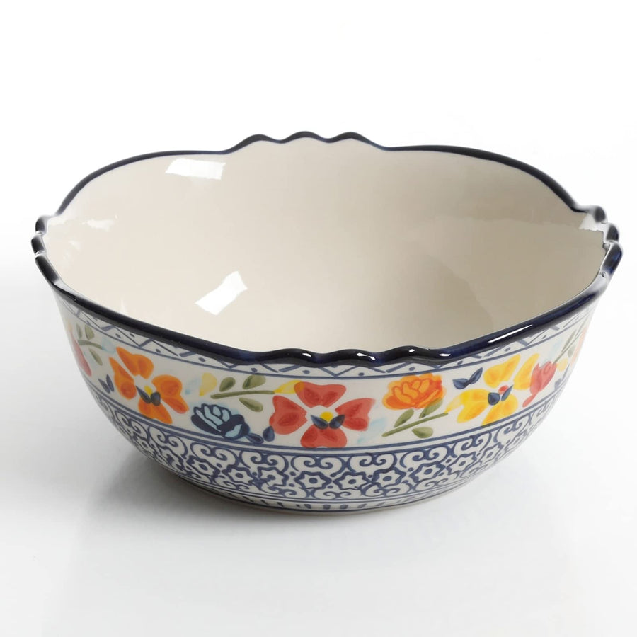 Gibson Home Luxembourg 2-Piece Hand-Painted Stoneware Serving Bowl Set, White with Blue Design (10" & 8")
