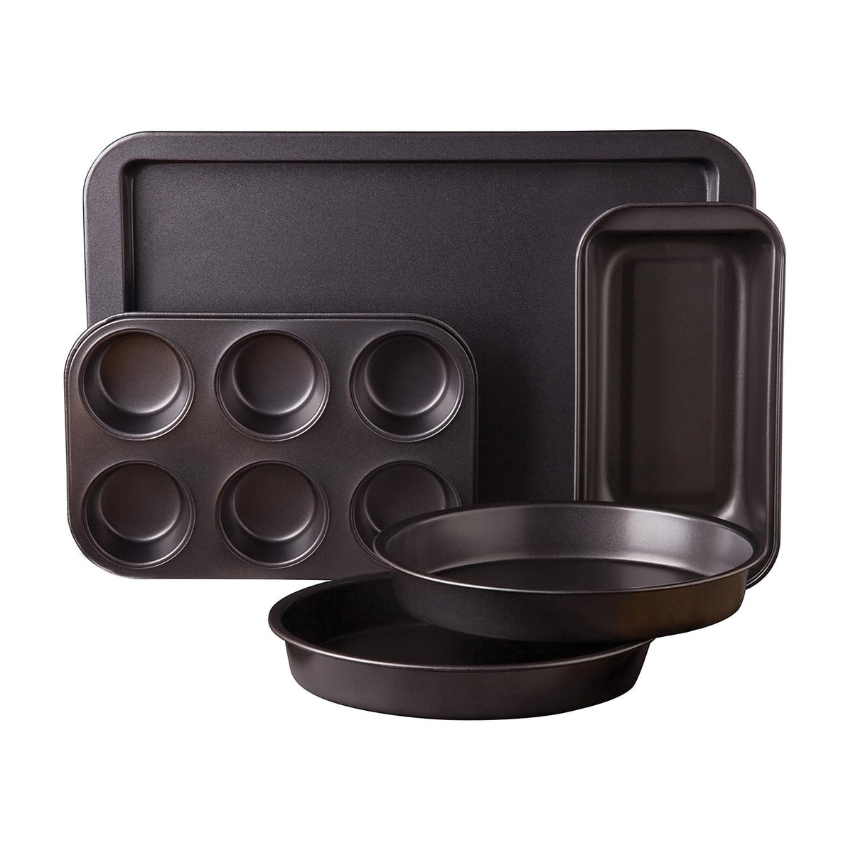 Gibson Home Nonstick Carbon Steel Bakeware Set, 5-Piece with Cookie Sheet, Muffin Pan, Loaf Pan and 2 Round Cake Pans, Gray, Love-to-Bake