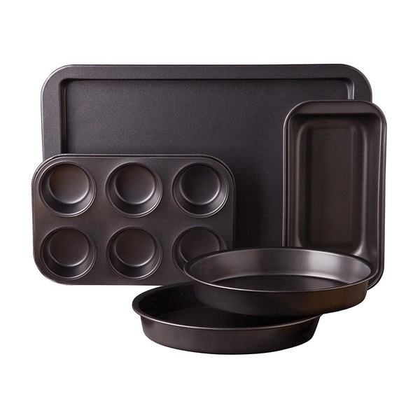 Gibson Home Nonstick Carbon Steel Bakeware Set, 5-Piece with Cookie Sheet, Muffin Pan, Loaf Pan and 2 Round Cake Pans, Gray, Love-to-Bake