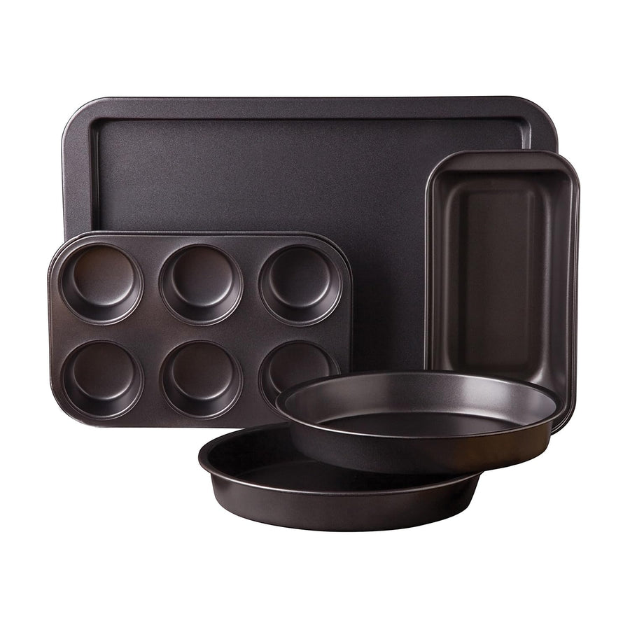 Gibson Home Nonstick Carbon Steel Bakeware Set, 5-Piece with Cookie Sheet, Muffin Pan, Loaf Pan and 2 Round Cake Pans, Gray, Love-to-Bake