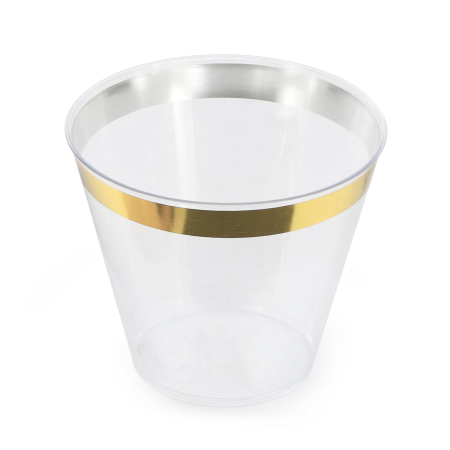 Elama ELP-100-G 100-Piece 9 oz Disposable Plastic Party Cups, Clear with Gold Rim, BPA-Free, 3 x 3 x 4 in