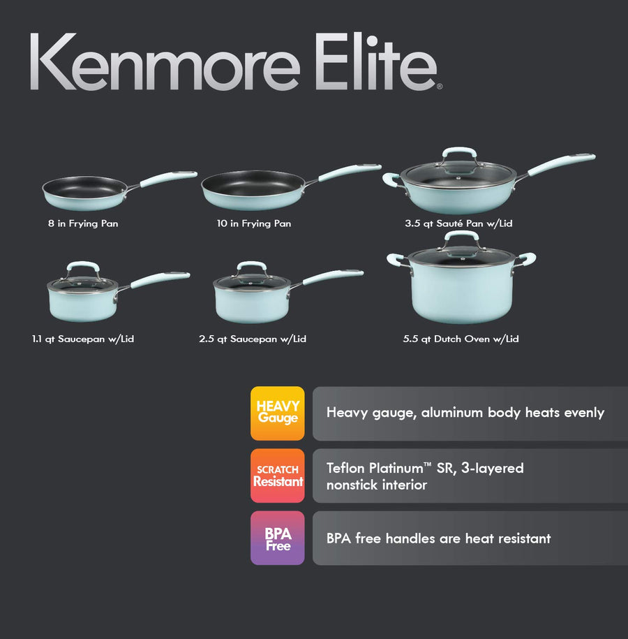Kenmore Elite Andover 10-Piece Nonstick Forged Aluminum Cookware Set, Glacier Blue