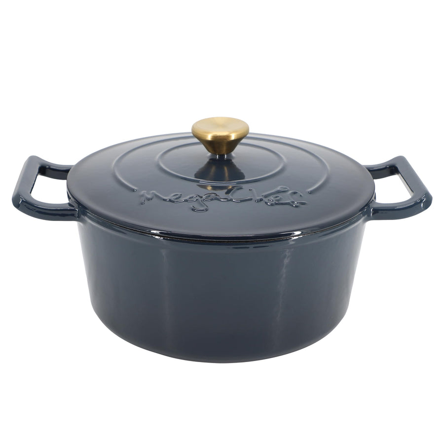 Enameled Cast Iron Casserole Dish with Self-Basting Lid, 5.3 Qt Round, Gradient Dark Blue, by MegaChef