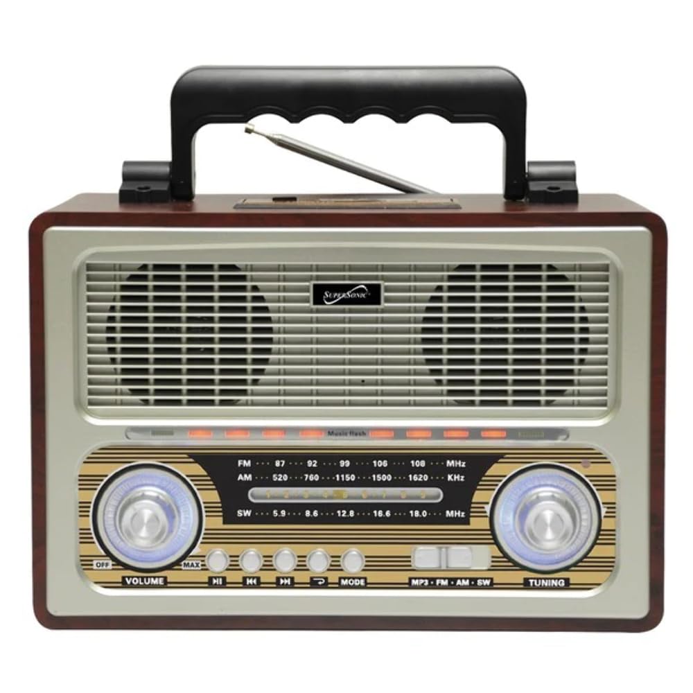 SuperSonic SC-1198BT retro 3-band AM/FM/shortwave Bluetooth radio speaker with telescopic antenna
