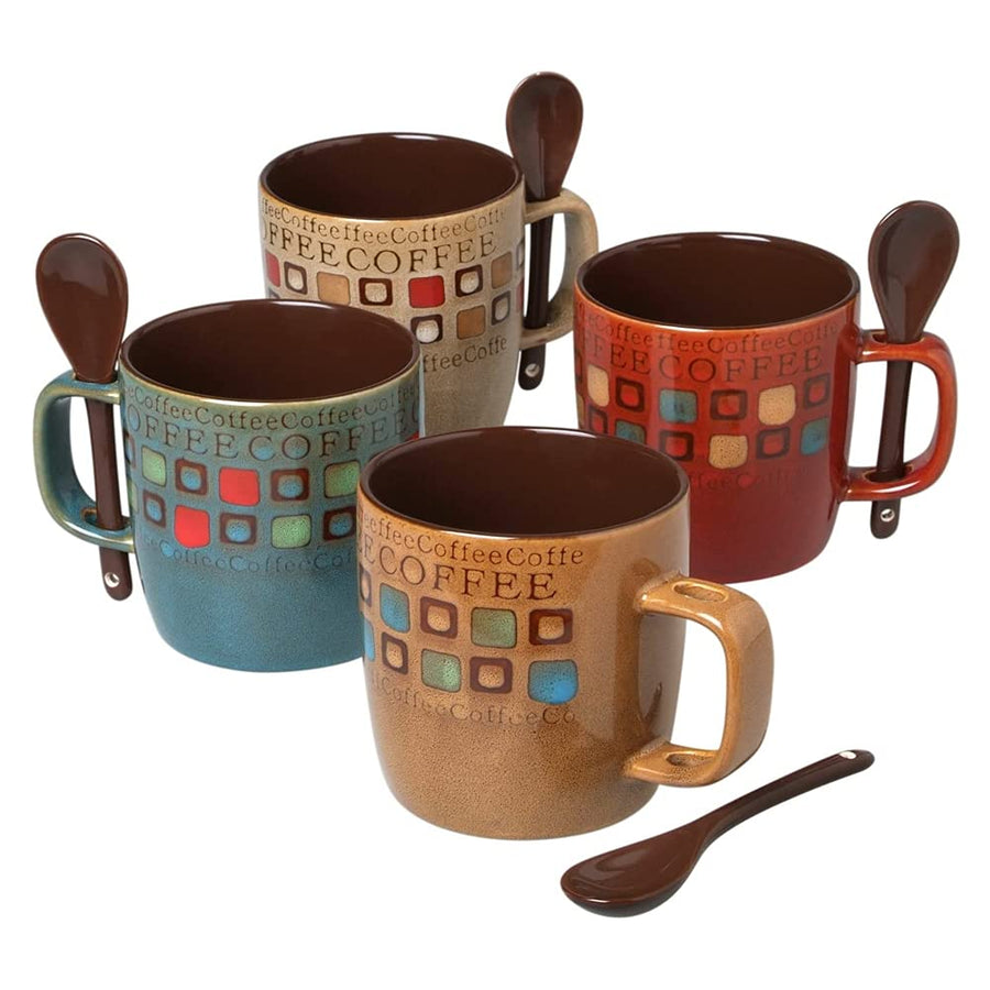 Mr. Coffee Cafe Americano 8-Piece 13 oz Ceramic Mug & Spoon Set, Assorted Colors (Service for 4)