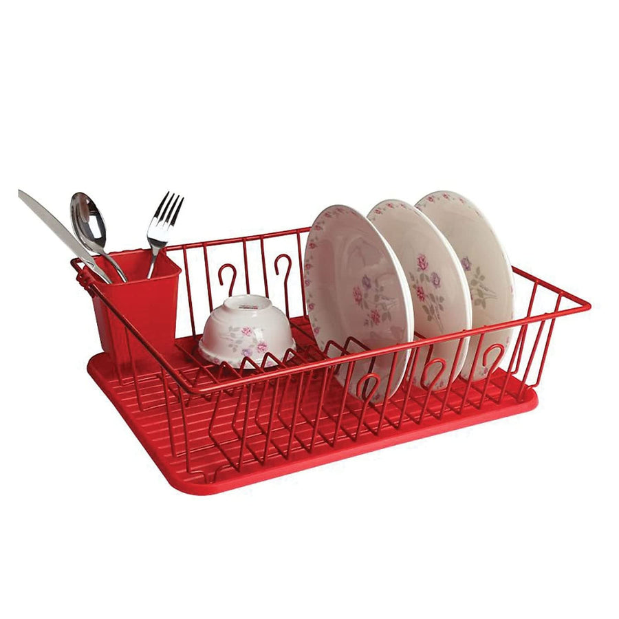 MegaChef DR-103 17.5-Inch Red Dish Rack with Drain Tray and Detachable Utensil Holder
