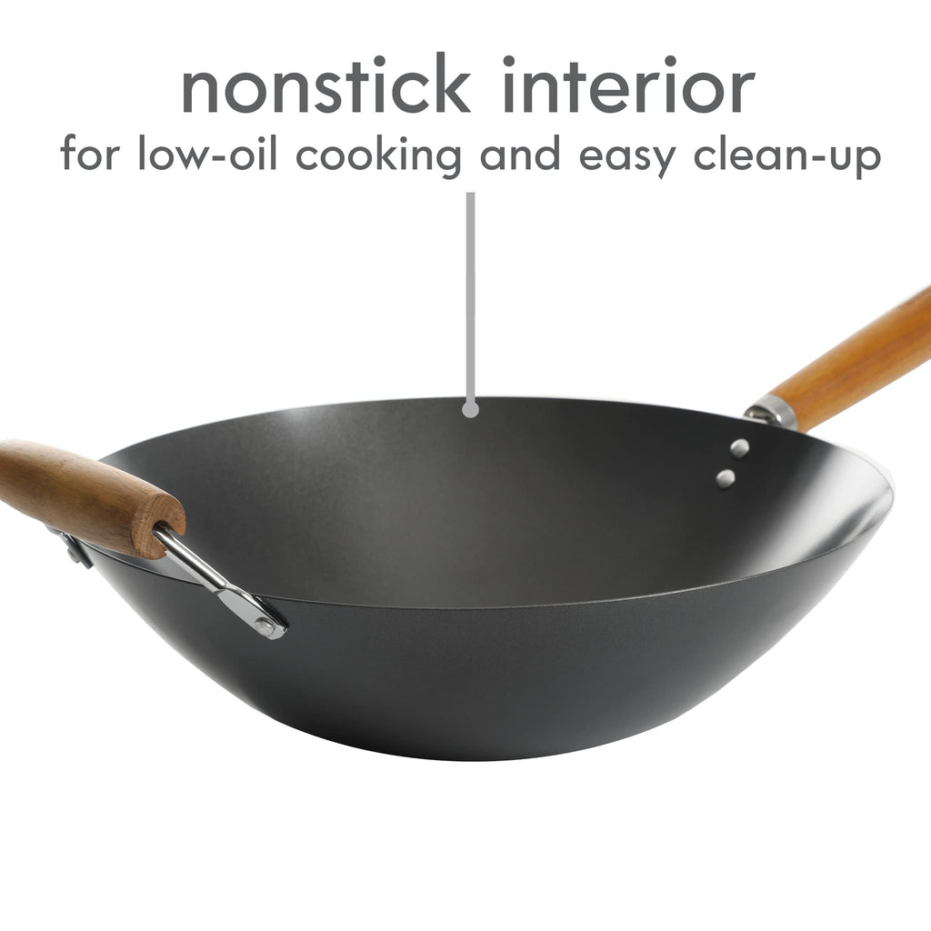 Kenmore Hammond 14-Inch Carbon Steel Wok – Black Flat-Bottom Stir-Fry Pan with Wood Handle for Gas, Electric & Induction Stovetops