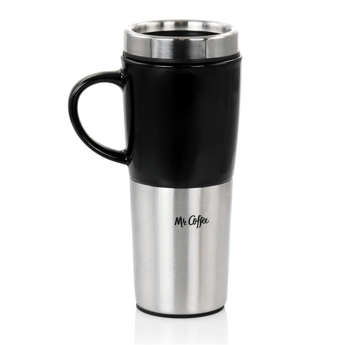 Mr. Coffee Stoneware Travel Mug with Stainless Steel Base and Slide Sip Lid, 16 Oz, Black, Travertine