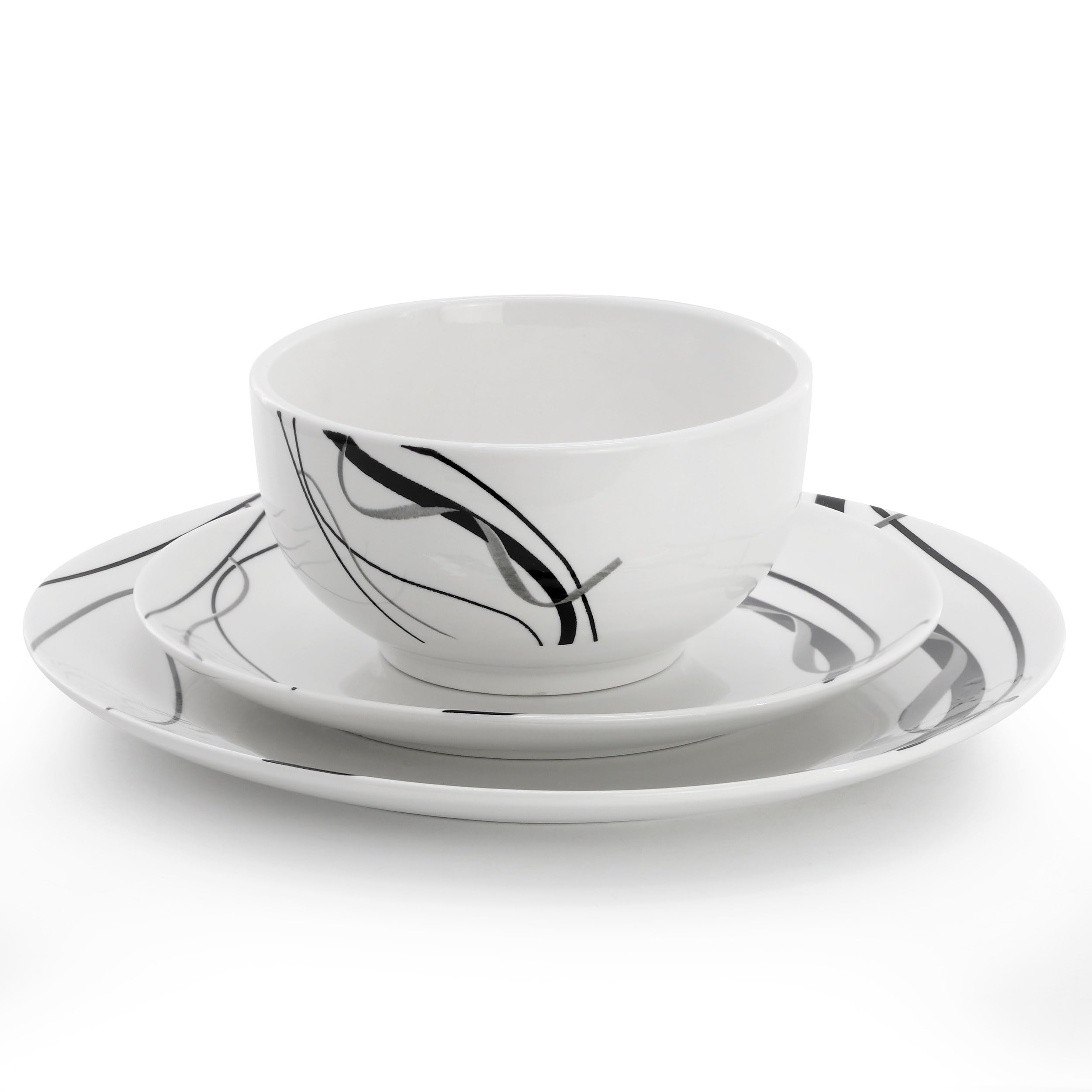 Elama Sarah 12 Piece Porcelain Black Ribbon Dinnerware Set, Service for 4 in White and Black