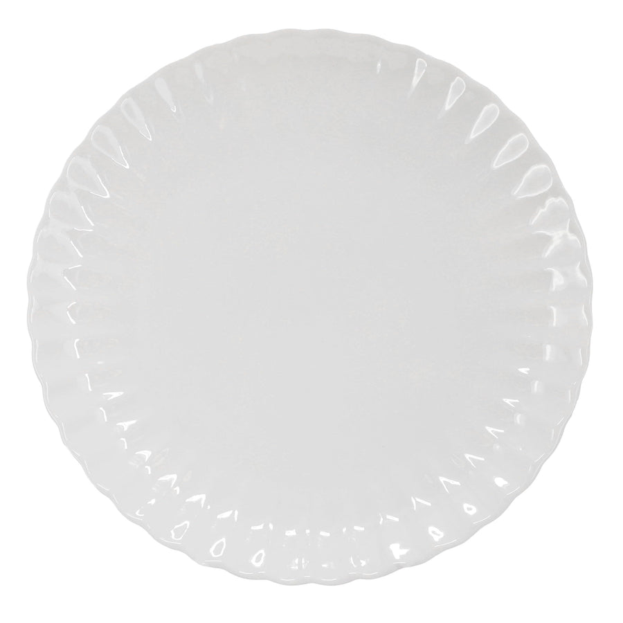 Elama Jane white porcelain dinner plate, top view of the scalloped rim with embossed fluted border