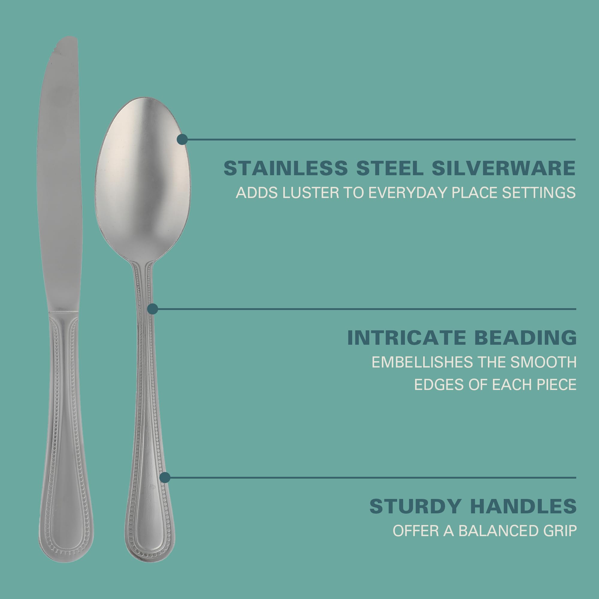 Gibson Home Sinta 87-Piece Stainless Steel Flatware Set with Bead Border Design – Polished Service for 12
