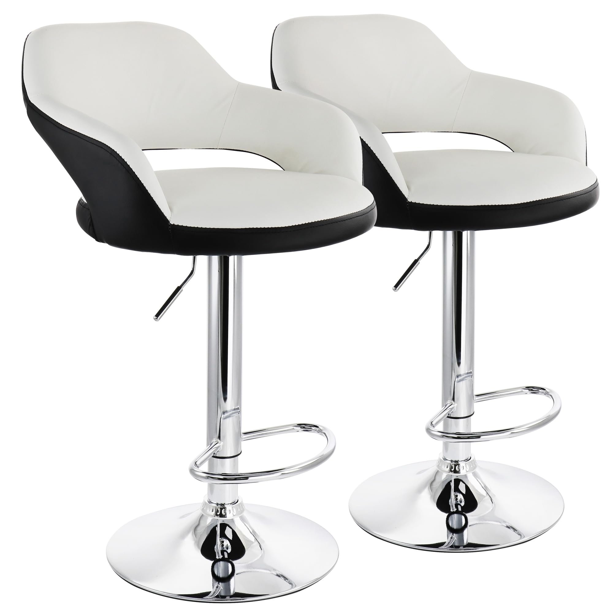 Elama ELM-705 Adjustable Faux Leather Bar Stool Set of 2 – White with Black Trim & Chrome Swivel Base, Counter to Bar Height