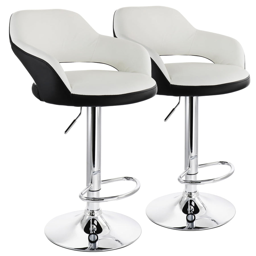 Elama white faux leather bar stool set of 2 with black trim and chrome swivel base
