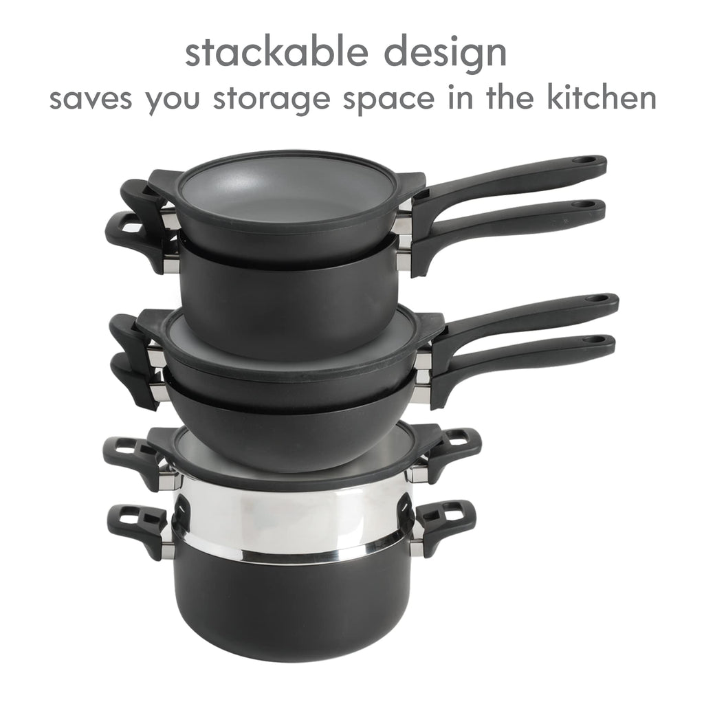Kenmore Elite Grayson 9-Piece Stackable Platinum Nonstick Forged Aluminum Cookware Set – Induction-Ready Pots & Pans with Tempered Glass Lids & Stainless Steamer (Black)
