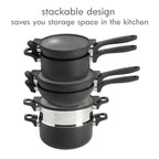 Kenmore Elite Grayson 9-Piece Stackable Platinum Nonstick Forged Aluminum Cookware Set – Induction-Ready Pots & Pans with Tempered Glass Lids & Stainless Steamer (Black)