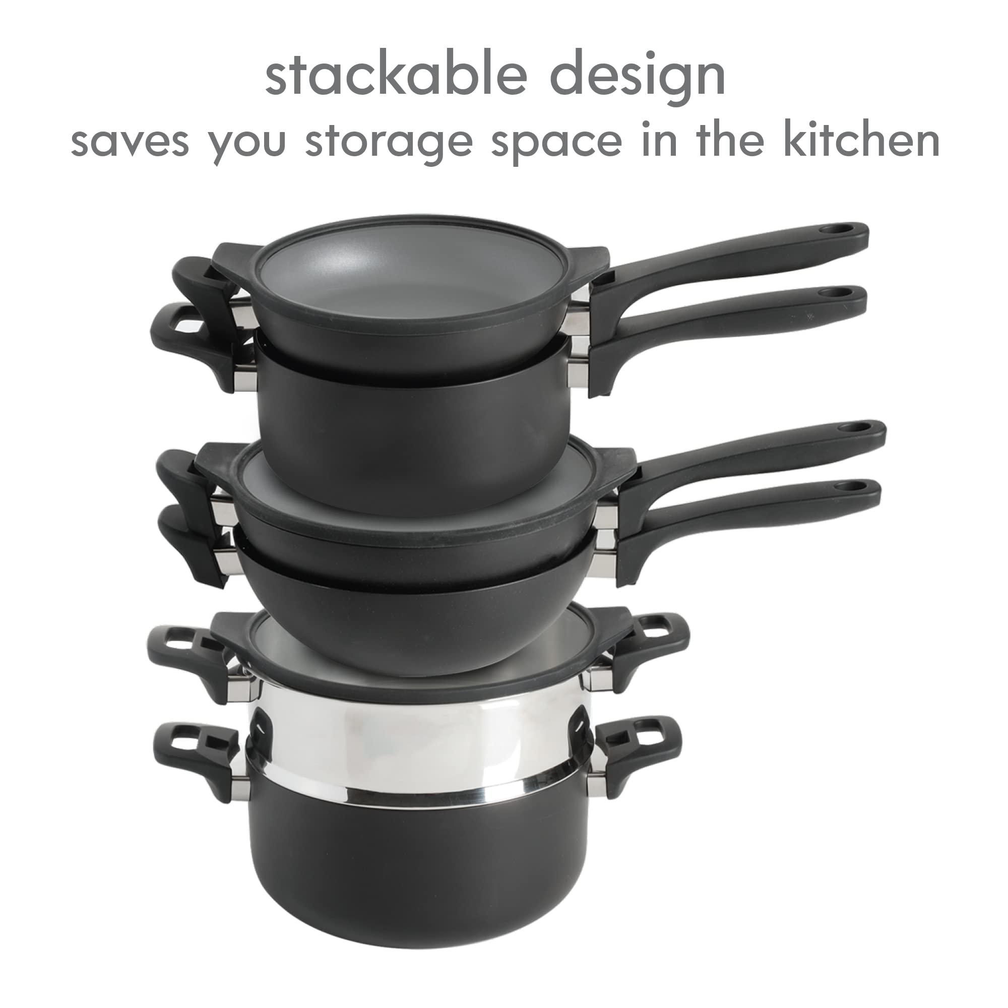 Kenmore Elite Grayson 9-Piece Stackable Platinum Nonstick Forged Aluminum Cookware Set – Induction-Ready Pots & Pans with Tempered Glass Lids & Stainless Steamer (Black)