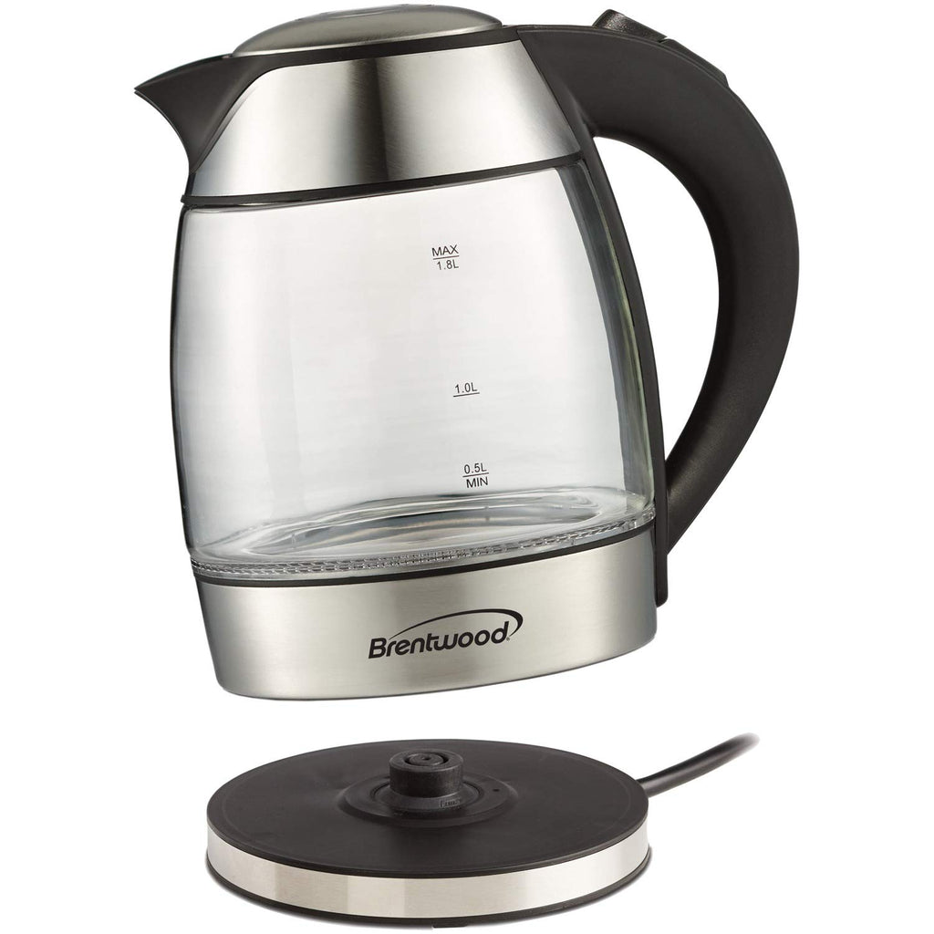 Brentwood KT-1960 1.8L Cordless Glass Electric Kettle with Tea Infuser - Silver, 1100W, Blue LED