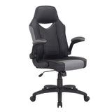 Elama high back faux leather office chair with flip-up padded arms and vented upper back, black and gray, front three-quarter view