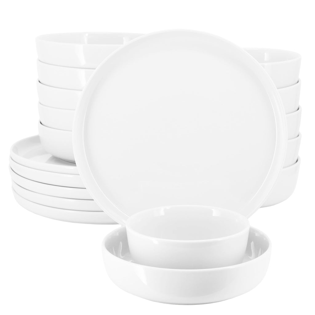 Elama Duncan 18-Piece Round Porcelain Dinnerware Set – Service for 6, Classic White Tableware (Microwave & Dishwasher Safe)