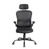 Elama high back mesh office chair with adjustable headrest, flip-up padded arms and lumbar panel, black frame, front view