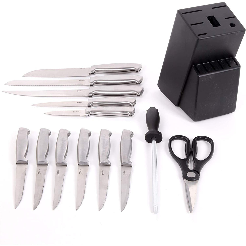 Oster Baldwyn 14-Piece Stainless Steel Knife Cutlery Set – Brushed Satin Finish with Swivel Block & Built-In Sharpener